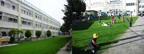 写真左：西田小学校外観　写真右：休み時間の様子