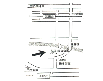 地図：上北沢駅、浜田山駅から下高井戸塚山遺跡復原住居までの道のり