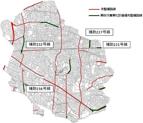 区内都市計画道路の未整備路線及び第四次事業化計画優先整備路線の案内図