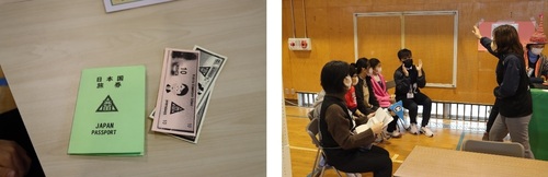 左：パスポートと独自通貨（ニシタ）の写真。右：英語クイズに参加する児童の写真。
