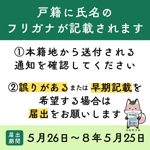 戸籍に氏名のフリガナが記載されます