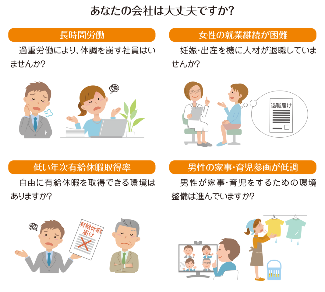 あなたの会社は大丈夫ですか　長時間労働、女性の就業継続しやすさ、有給休暇取得率、男性の家事育児参画