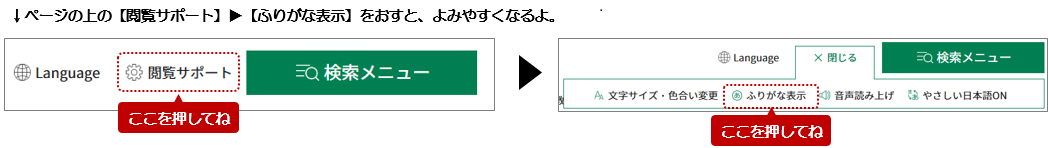 ページの上の閲覧サポートのふりがな表示を押すと読みやすくなるよ