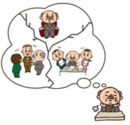 イラスト：社会的地位を失った男性が、会社で働いていた自分を思い出している様子
