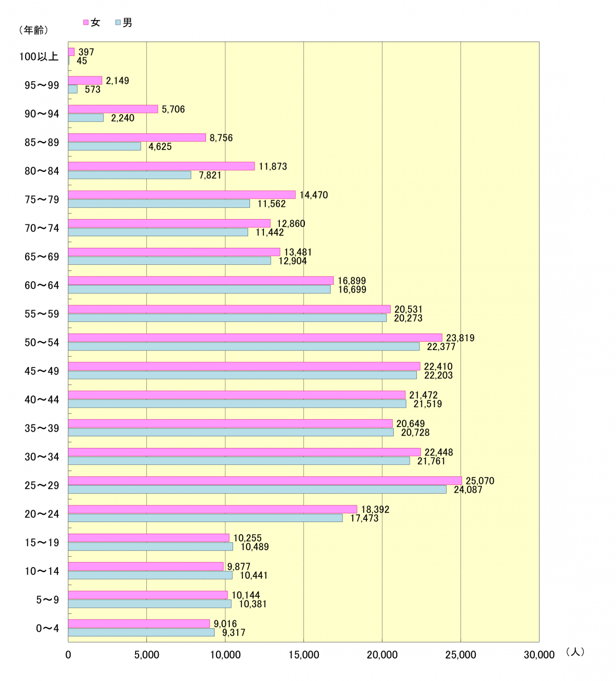 年齢別人口ピラミッドの棒グラフ