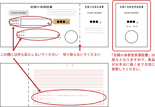 定額小為替記入の注意点　定額小為替証書の指定受取人おなまえ欄と、おところ・おなまえ欄、裏面の赤枠内には、なにも記入しないでください。切り取り線から切り取らないでください。定額小為替金受領証は控えとなりますので、商品がお手元に届くまで大切に保管してください。